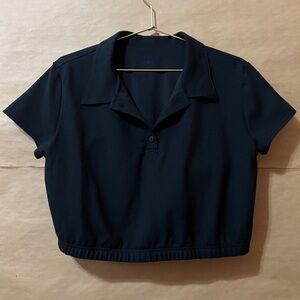 Alo | Cropped Prestige Polo Shirt Collared Built in Bra Top Pique Black Size L
